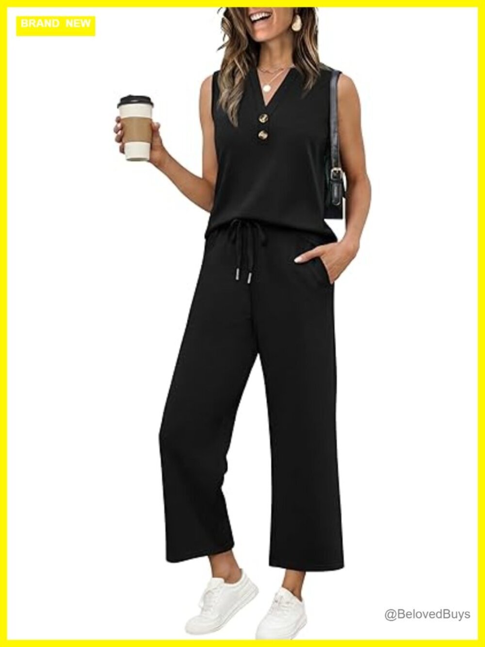 Two Piece Lounge Set - V Neck Tank & Wide Leg Pants - Knit, Vacation Outfit